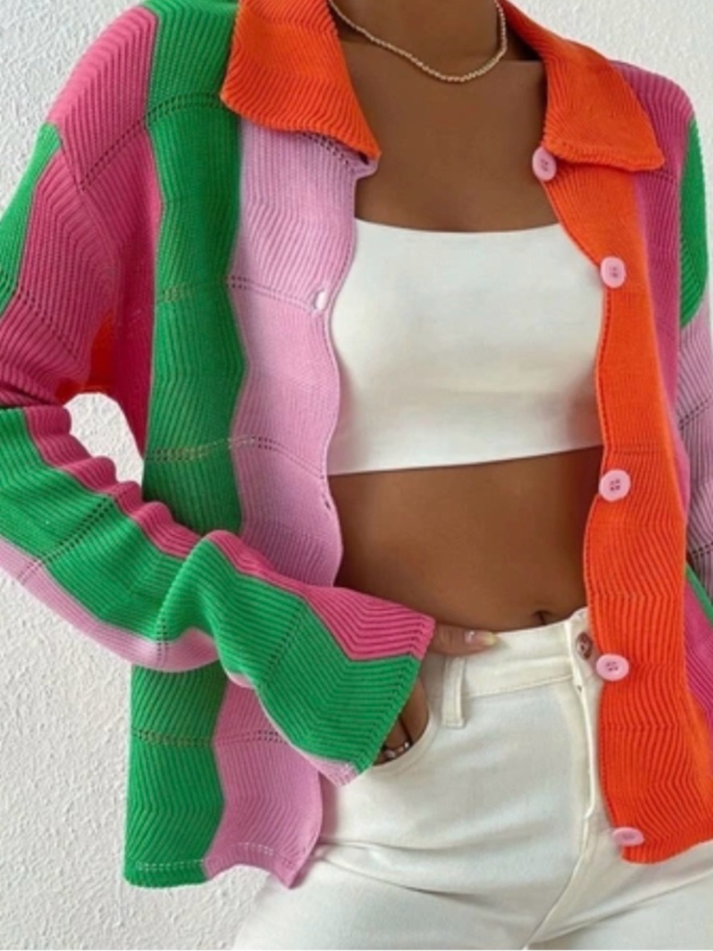 Never Worn Colorblock Knit Button-Up Cardigan Sweater - Pink, Green & Orange